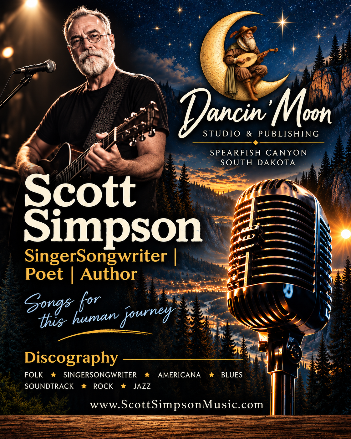 Dancin’ Moon Studio & Publishing — musician seated on a golden crescent moon
